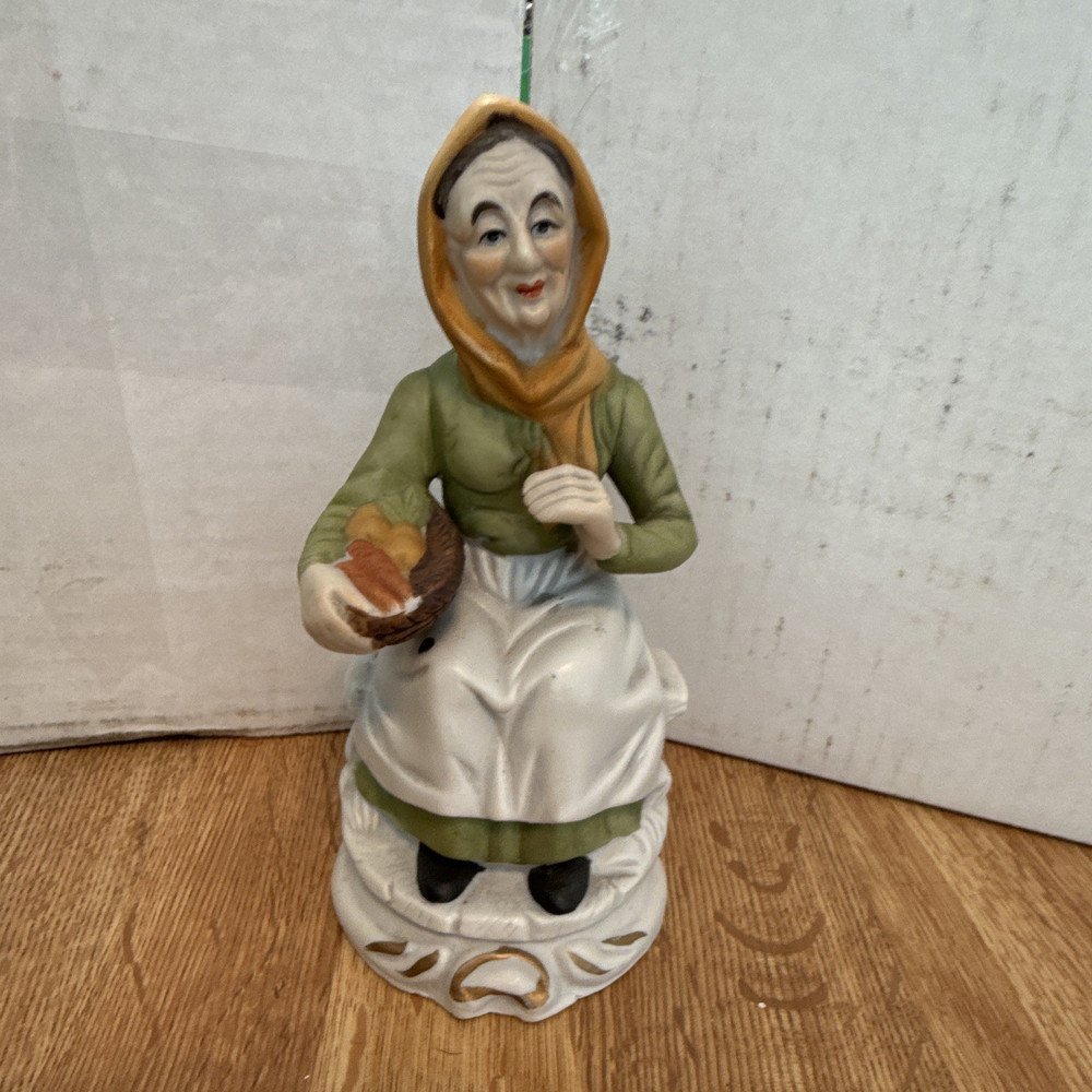 Ceramic Woman Figurine with Basket Green White Painted People Theme Sculpture