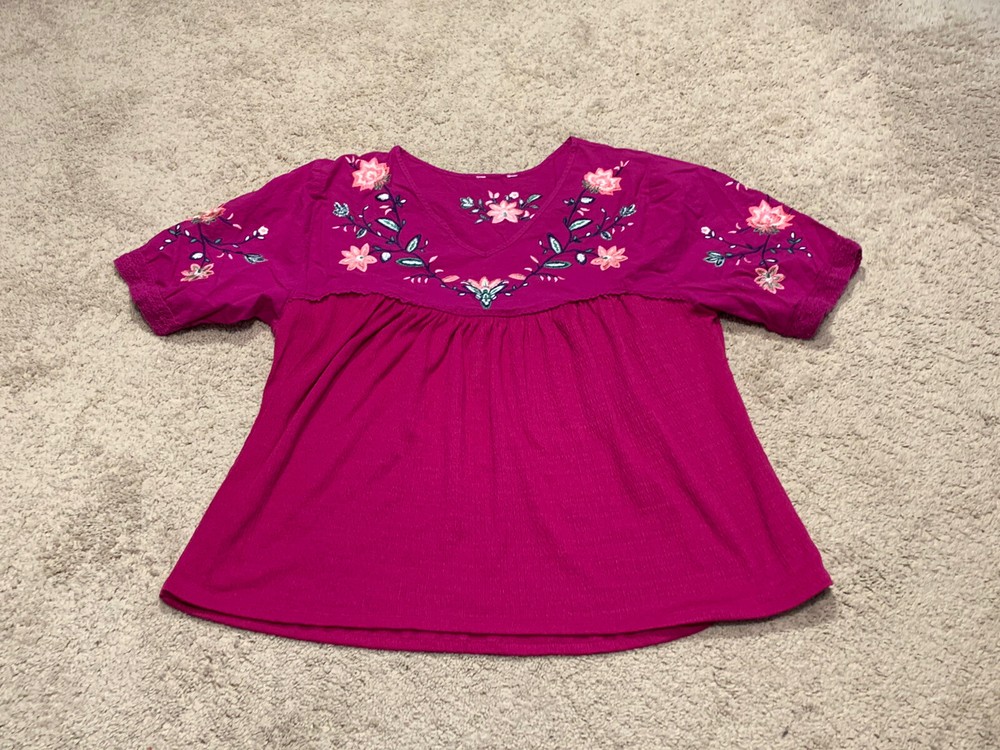 Womens Shirt Size XXL Pink Floral Embroidered Short Sleeve Lightweight Flowy
