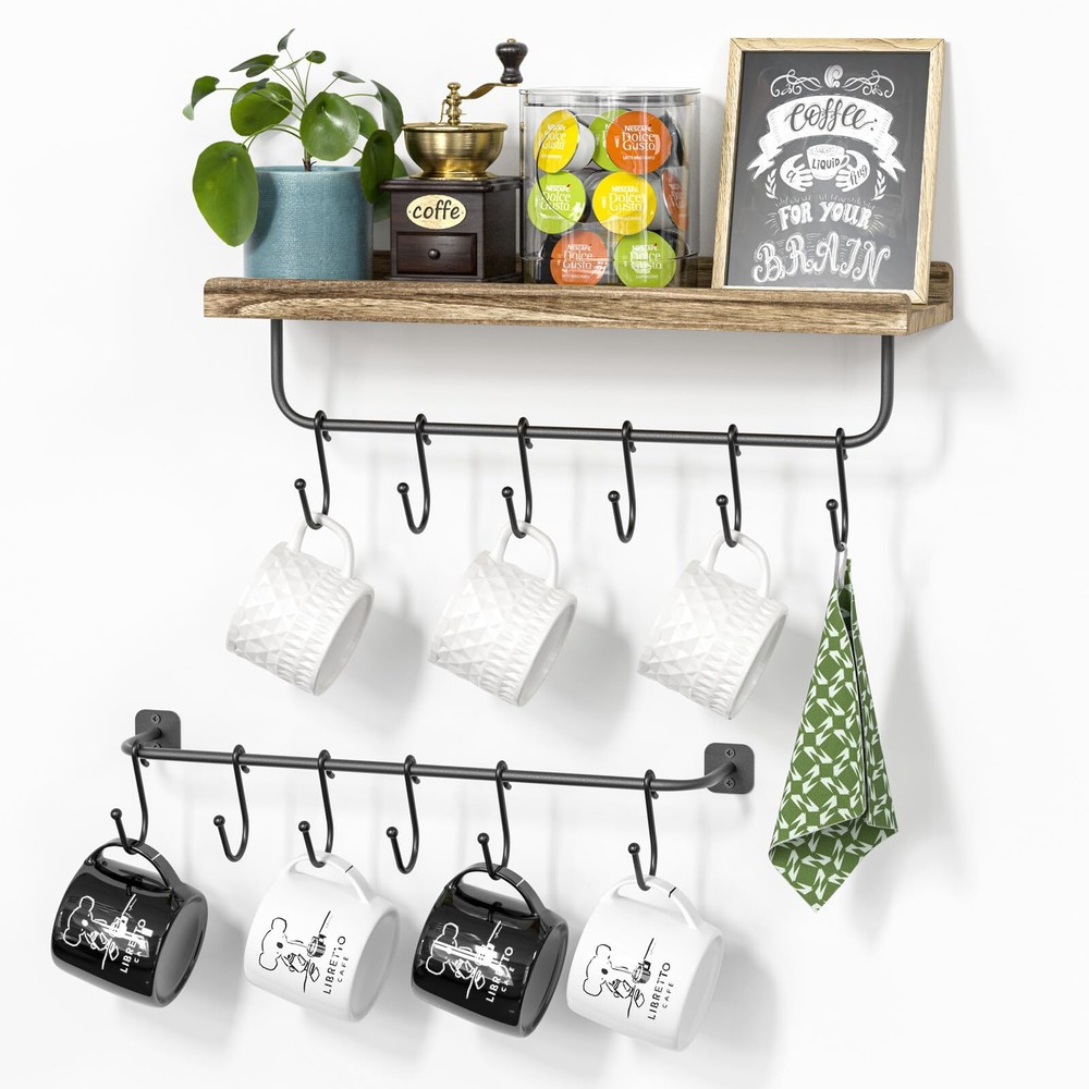 Coffee Mug Holder with 12 Hooks Rustic Wood Mug Shelf Mug Rack Wall Mounted F...