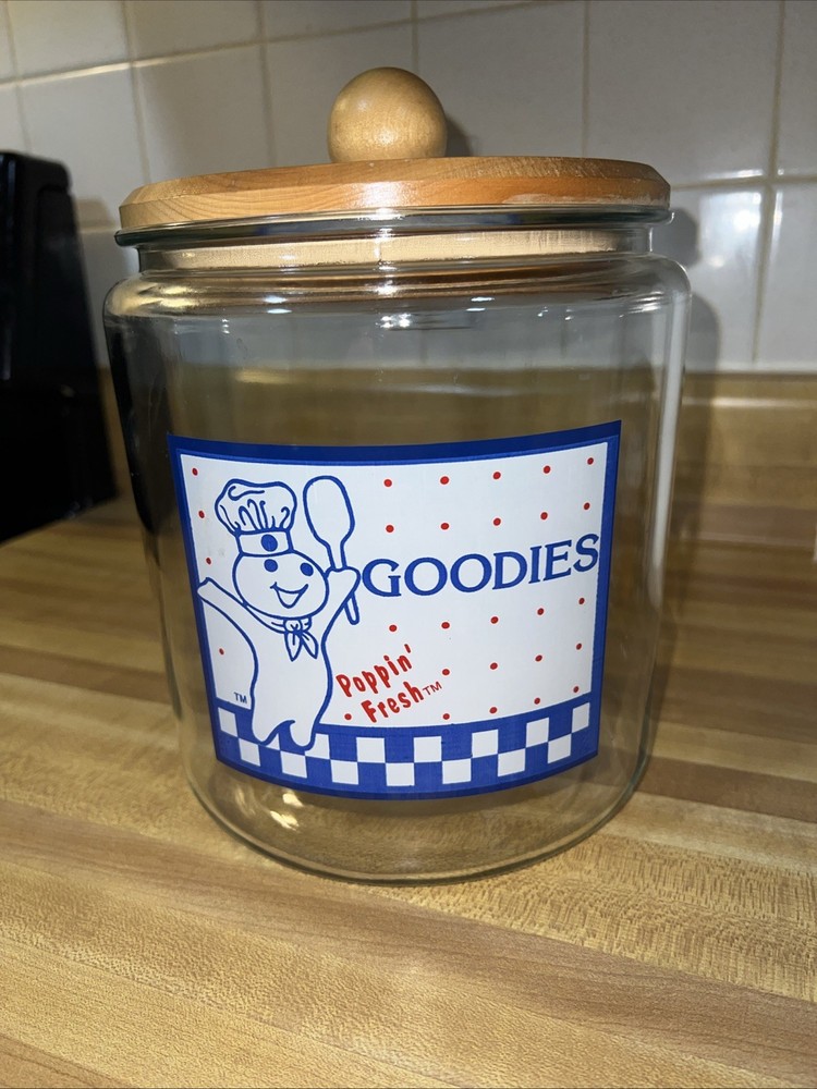 Vintage Pillsbury Doughboy Poppin Fresh Goodies Glass Cookie Treat Jar Wood Lid
