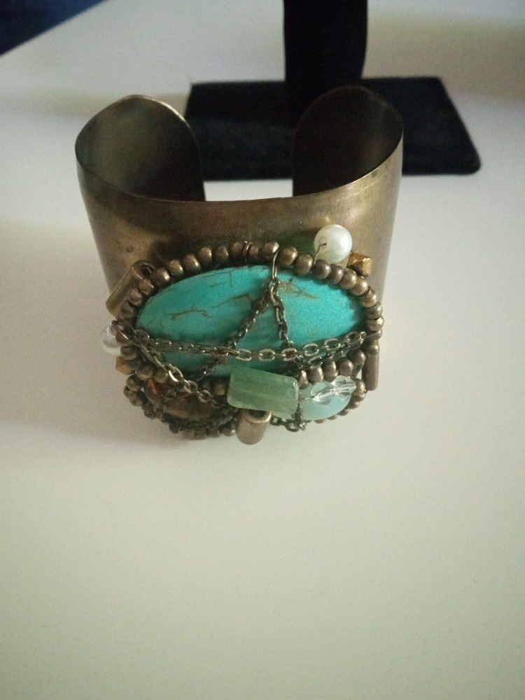 Brass Cuff Bracelet with Stones Crystal and Pearls Boho Style