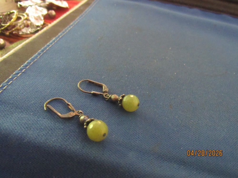 Vintage Sterling Silver Faceted Jade Balls Pierced Wire Earrings