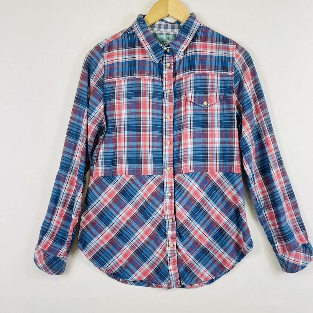 Tasha Polizzi Blue Plaid Long Sleeve Pearl Snap Western Top Shirt Womens Medium