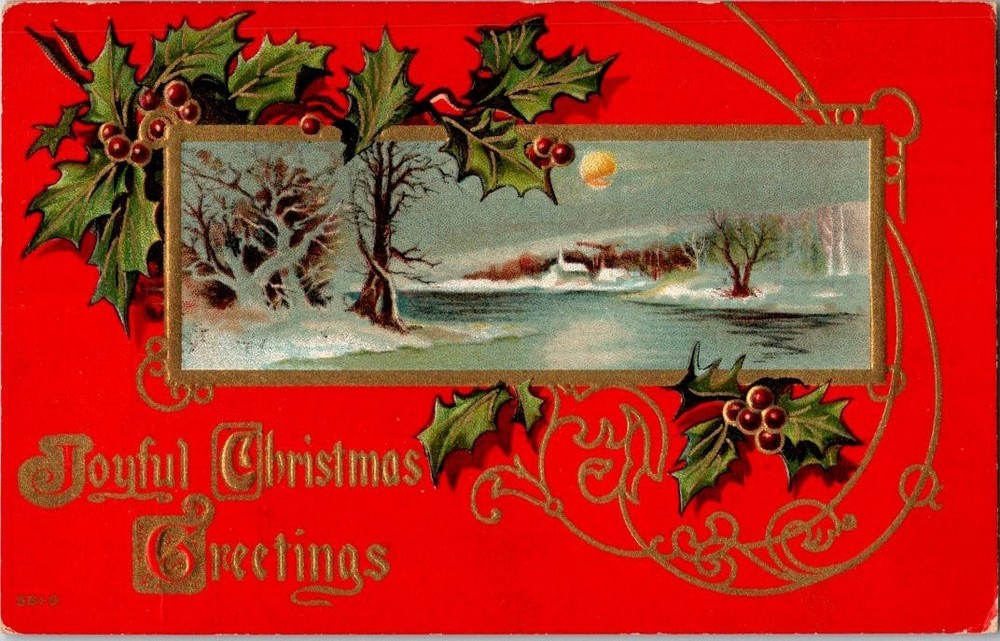 Antique Christmas Postcard 1911 Posted Winter Scene Holly Joyful Greetings
