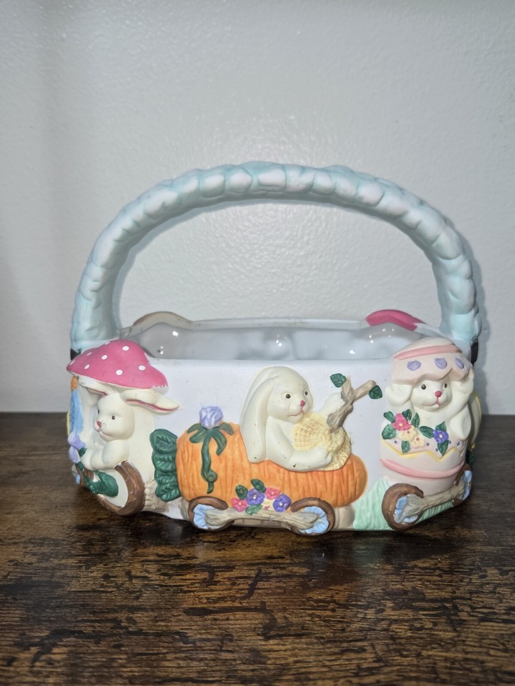 ABC Distributing 1995 Ceramic Blue Easter Basket Bunnies