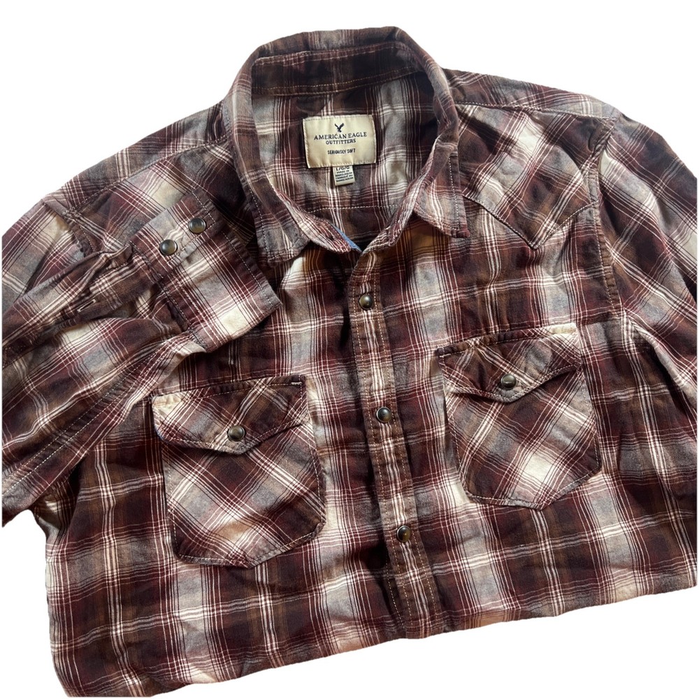 American Eagle Seriously Soft Long Sleeve Pearl Snap Shirt L Brown Western
