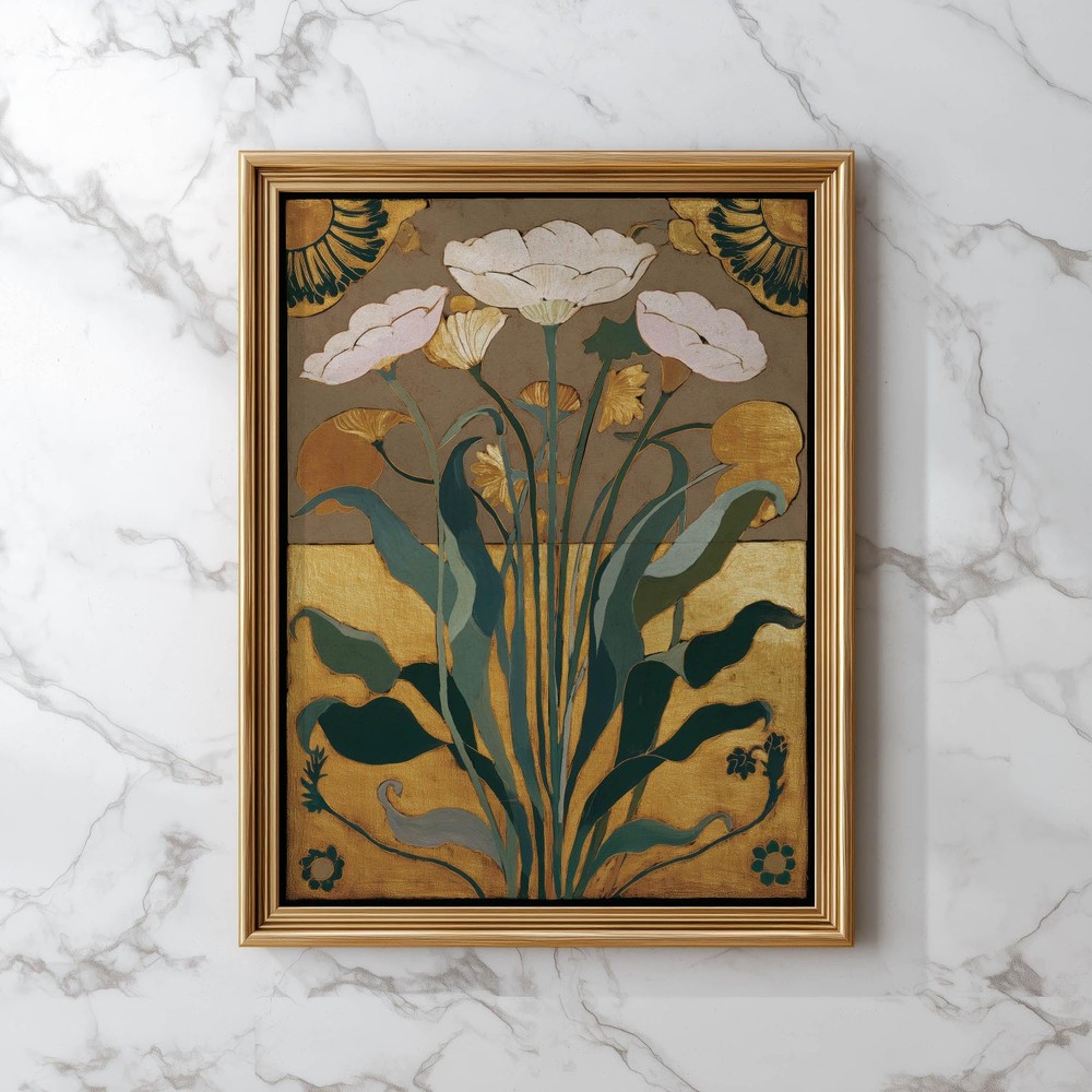 Art Nouveau Floral Poster, Gold Green Vintage Flower Wall Art Decor
