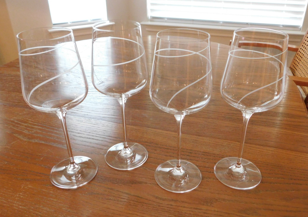 Set of 4 TALL frosted swirl etched Crystal Wine Glasses Goblets Set 10.5 inch