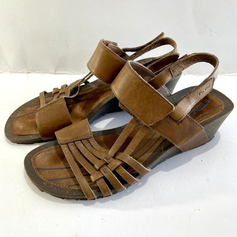 Teva womens brown strappy wedge sandals size 10 summer comfort