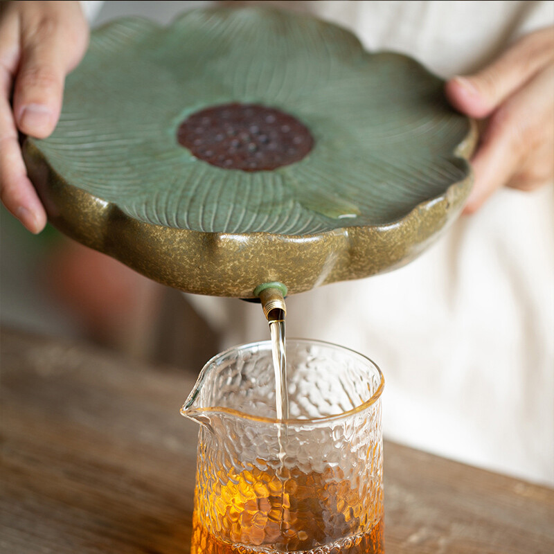 Crude Pottery Tea Tray Lotus Design Ceramic Water Draning Reservoir Serving Tray