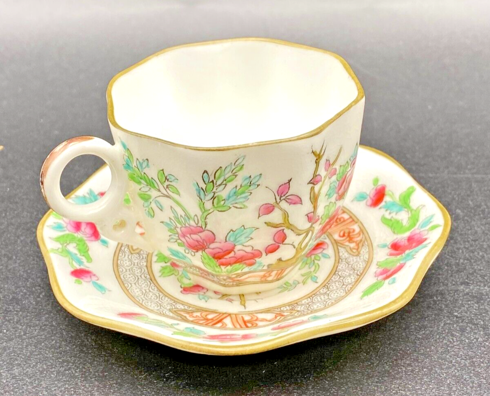 Miniature Teacup with Saucer by Coalport in Indian Tree Pattern Tiny