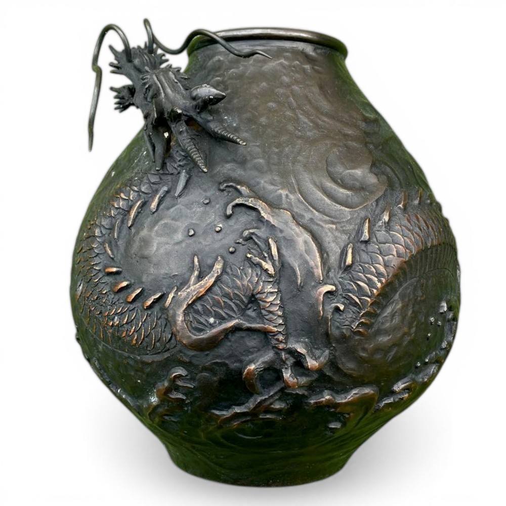 Japanese Bronze Vase Dragon Relief Vintage Jar Vessel Metalwork Sculpture 9.2 in