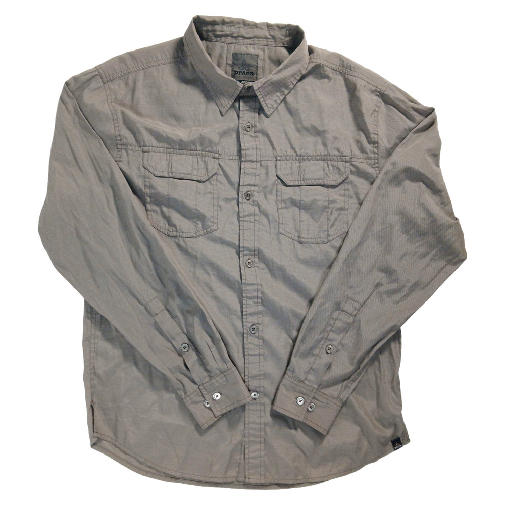 prAna Breathe Shirt Mens L Grey Ripstop Long Sleeve Button Up Outdoor Vented