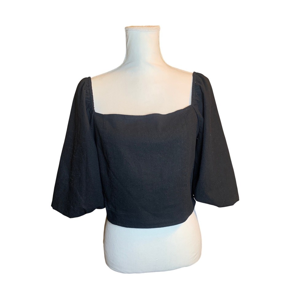 Mi Ami Black Square Neck Puff Sleeve Smocked Back Crop Top XL Jedson