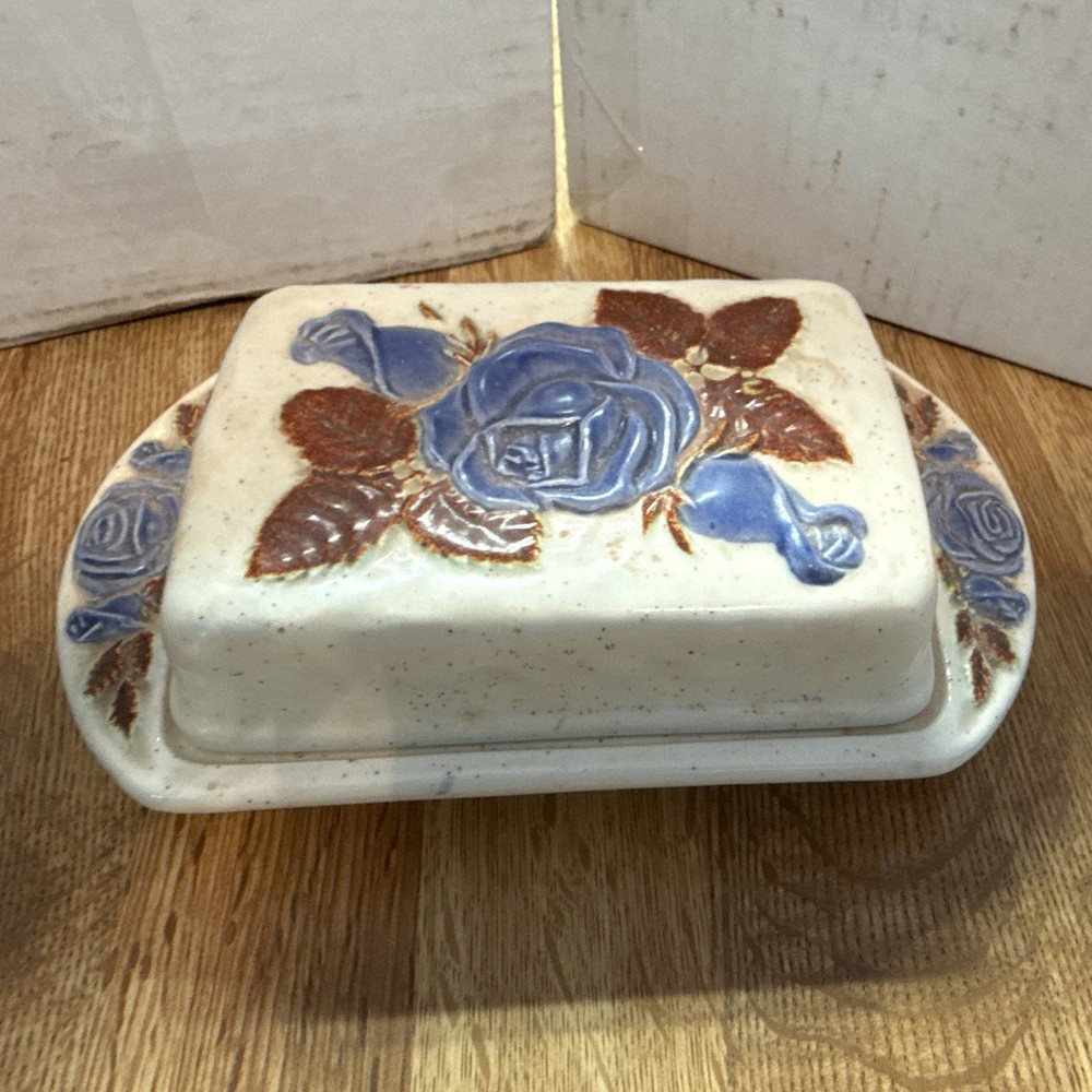 Ceramic Covered Butter Dish w/ Lid Beige Blue Brown Floral Country Rectangle