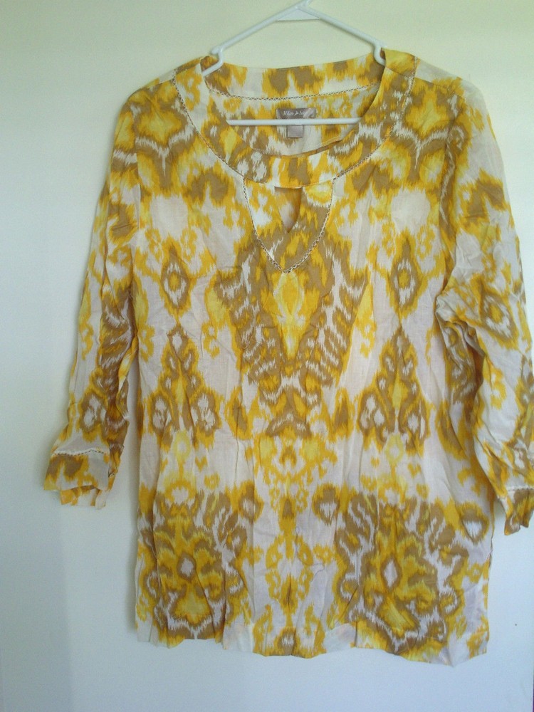 Womens WHITE STAG White Tan Yellow  Shirt Blouse Tunic Sz  M