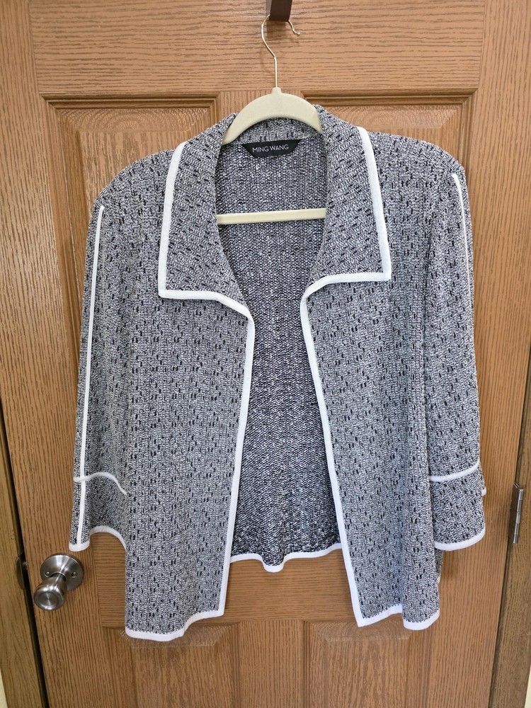 Ming Wang Cardigan Sweater Womens XL Gray Geometric Knit Open Front Bell Sleeve