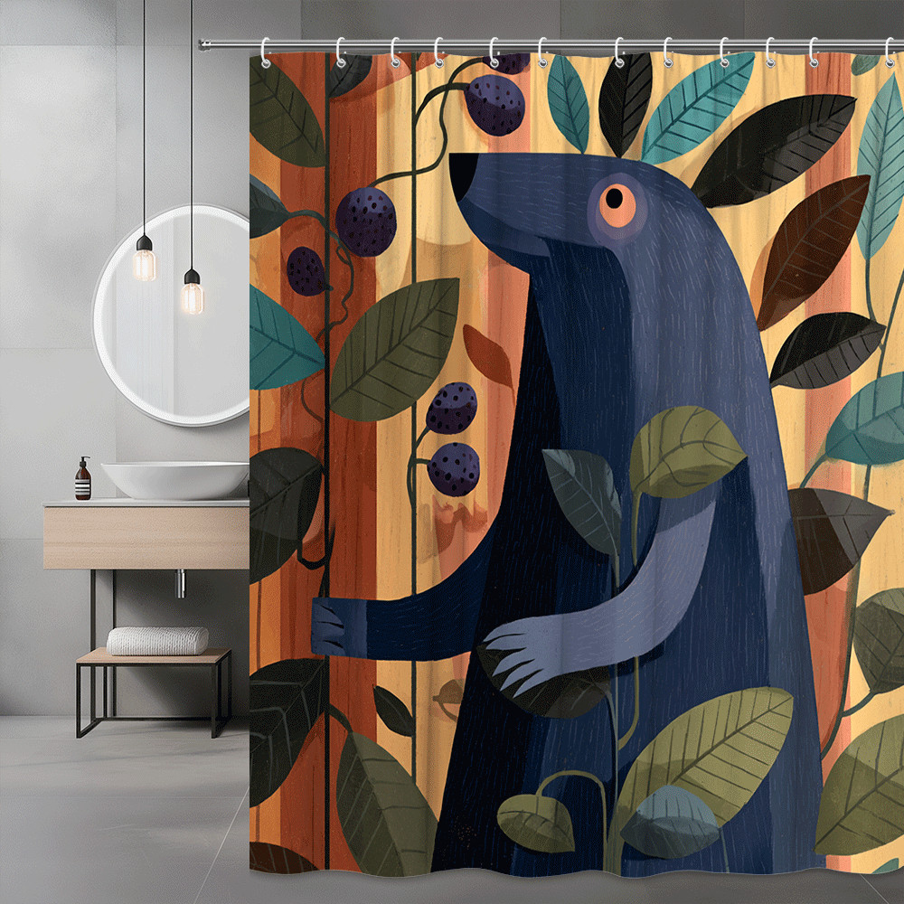 Forest Bird Shower Curtain, Woodland Leaf Print, Blue Animal Art