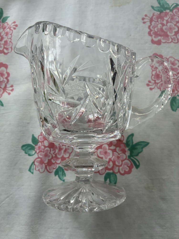 Vintage Cut Glass Creamer Gadroon Rim Starburst Pattern