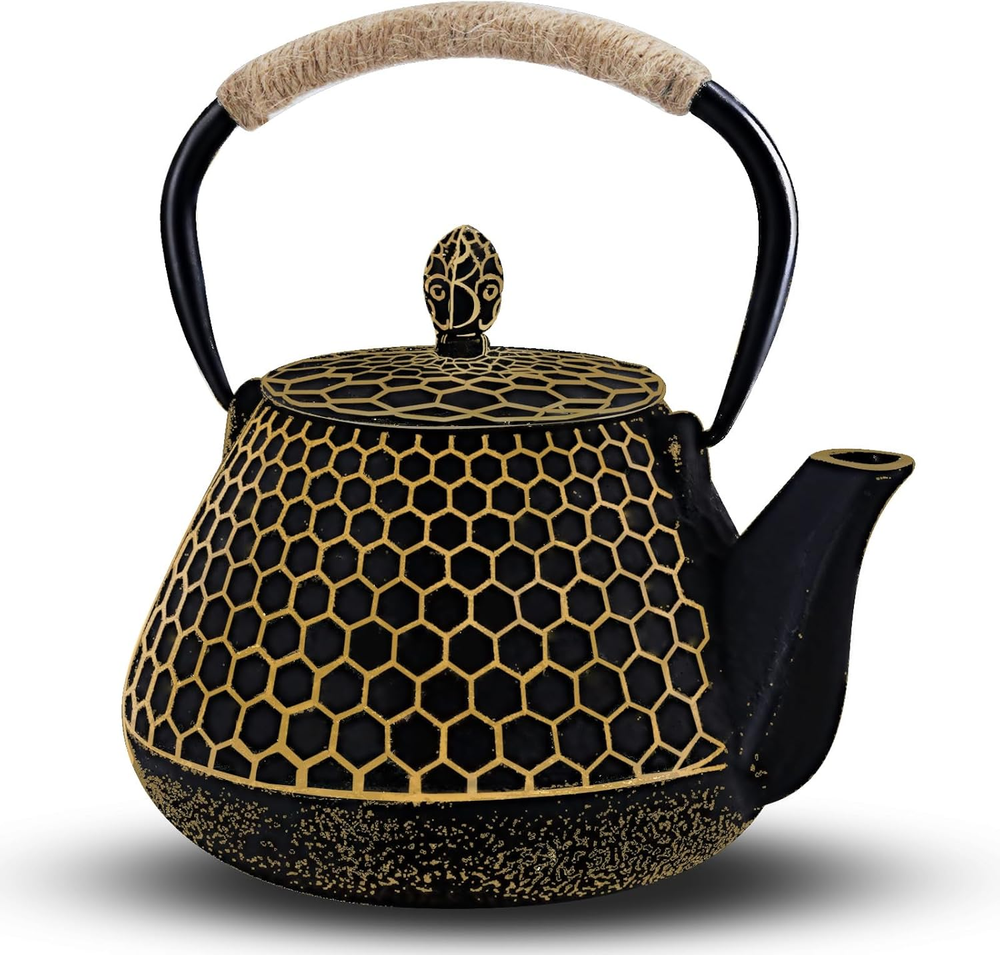 Cast Iron Tea Pot Honeycomb Pattern Tea Kettle with Tea Leaf Infuser Gold