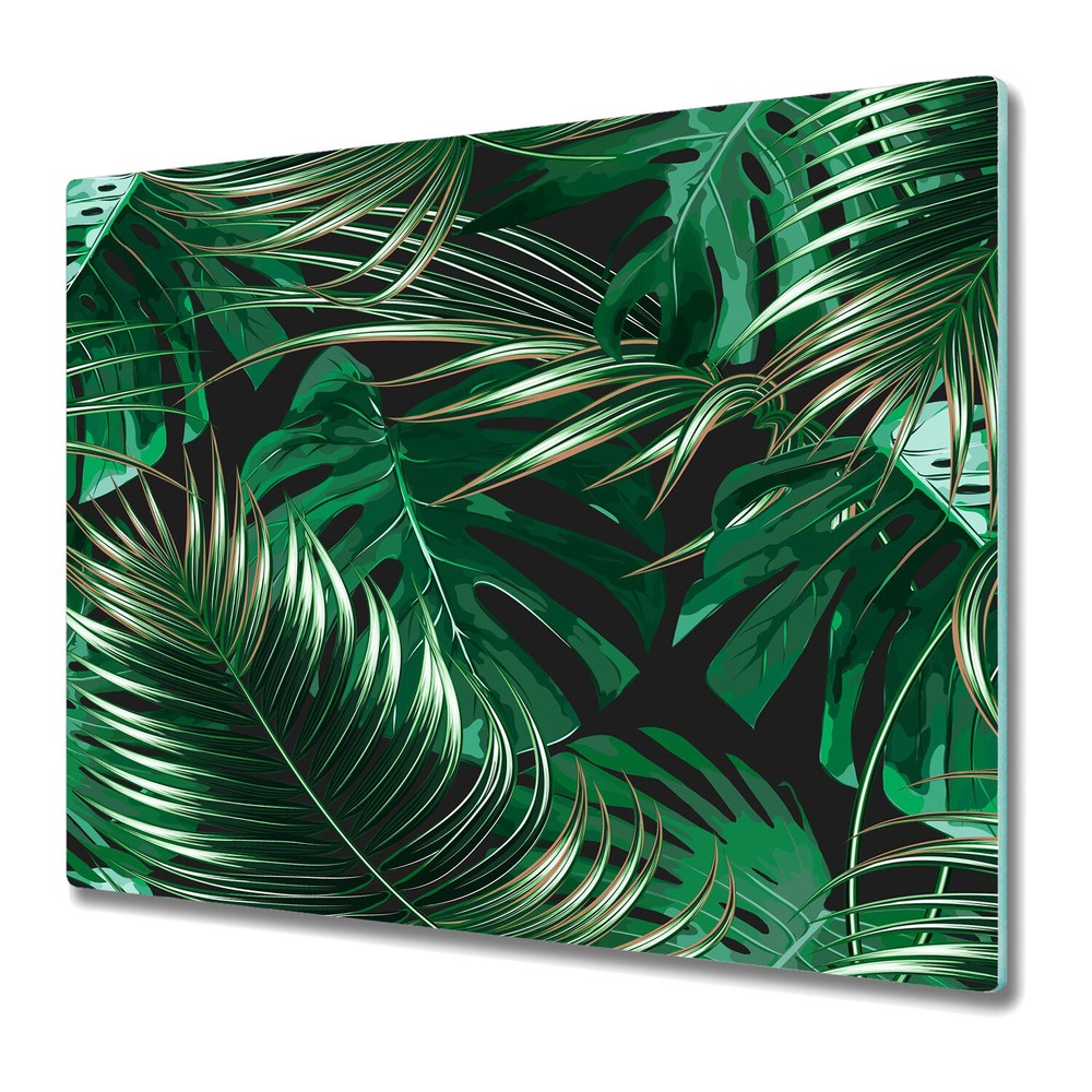 Glass Kitchen Chopping Board Dark Tropical Leaves in Jungle Watercolour 60x52