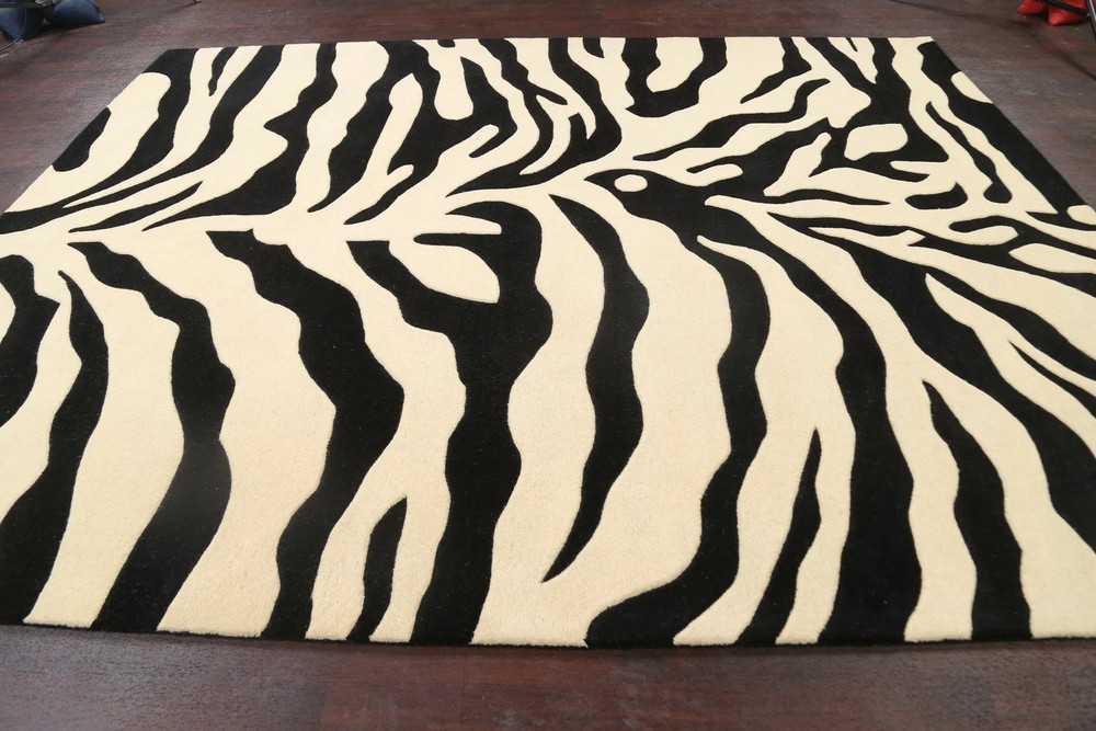 Zebra Animal Print Oriental Area Rug Hand-Tufted Wool Ivory/ Black Modern Carpet