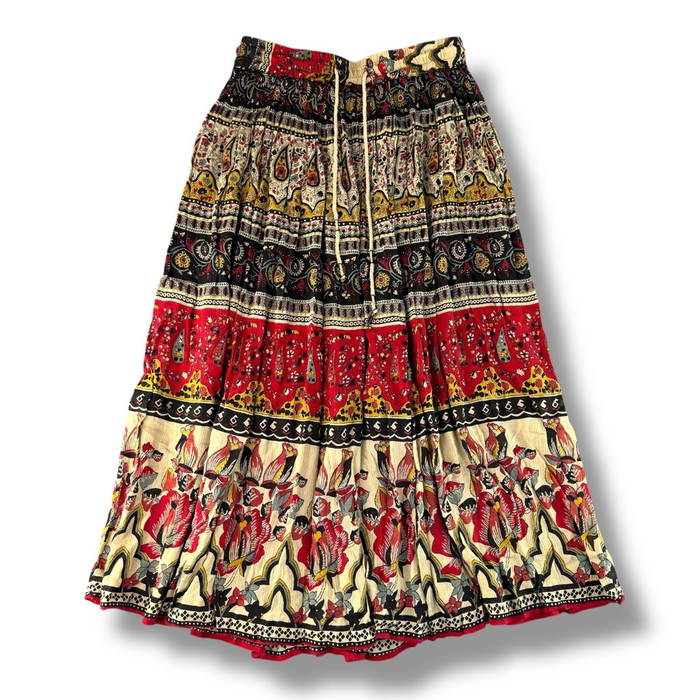 Vintage Worthington Maxi Slip Skirt Red Floral Size M Boho Hippie Draw String