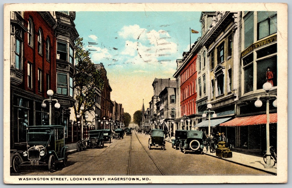 1921 Washington Street Hagerstown MD Street Scene Classic Cars ANTIQUE Postcard