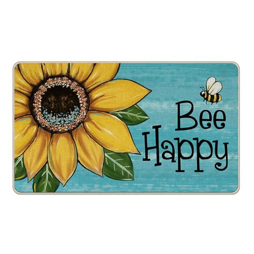 Bee Happy Spring Summer Sunflower Blue Floral Front Door Mat