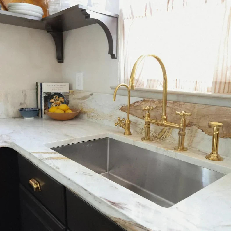 Handcrafted Brass Bridge Kitchen Sink Faucet, Antique Brass Faucet, 8 Inches Spr