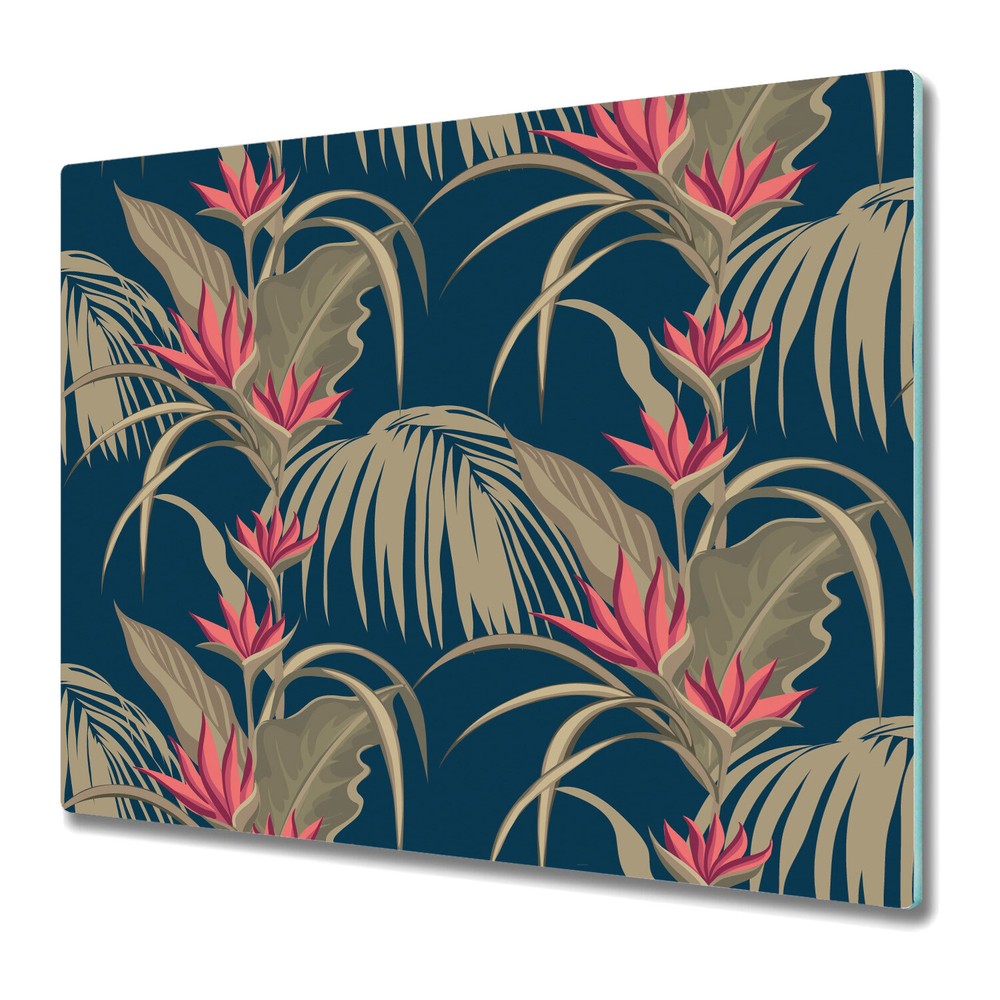 Glass Worktop Saver Kitchen Leaves And Flowers Dark Tropical Painting 60x52