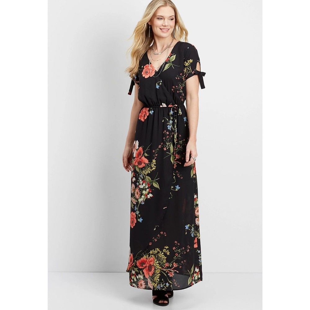 Maurices Black Floral Maxi Dress Size M Tie Sleeve V-Neck Chiffon Boho Summer