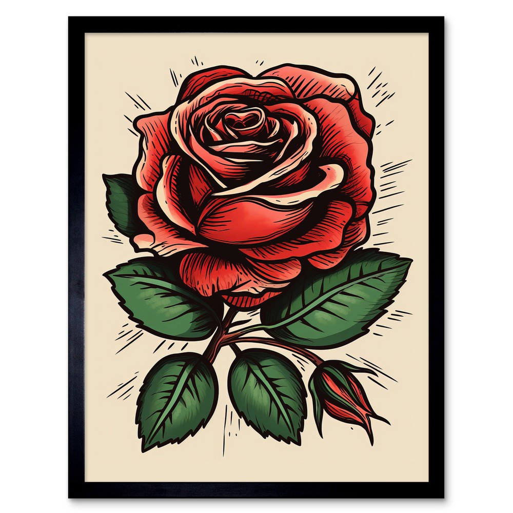 Rose Bloom Bud Old School USA Tattoo Rockabilly 50s Framed Print Wall Art 12x16