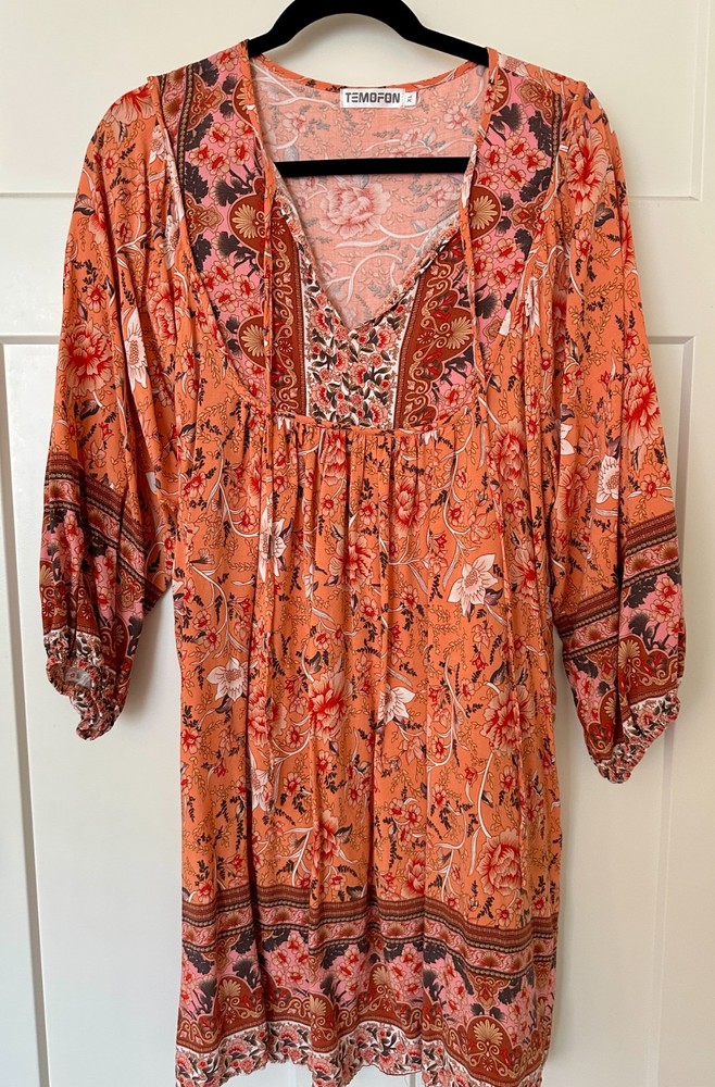 Temofon Women’s Boho Floral Dress XL Orange Multicolor 3/4 Sleeve V-Neck