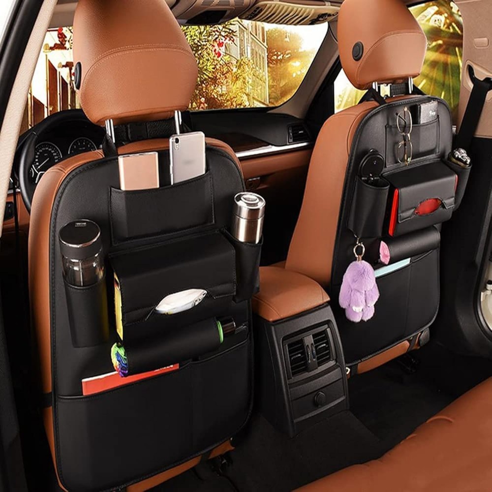 2 Pack PU Leather Premium Car SeatBack Organizer Travel Accessories Kick mats Ba