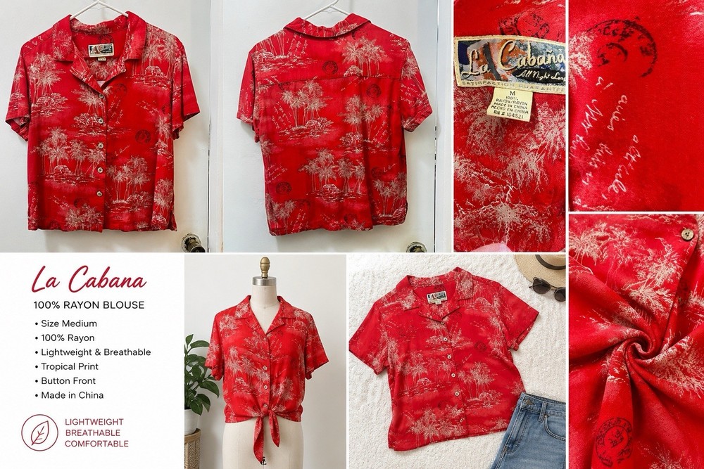 La Cabana Tropical Rayon Blouse Wm Medium Red Hawaiian Palm Tree Button Up Shirt