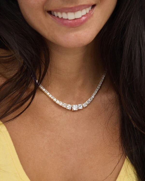 28CT Graduated Asscher Cut Diamond Tennis Necklace in 14K Gold Plated for Women