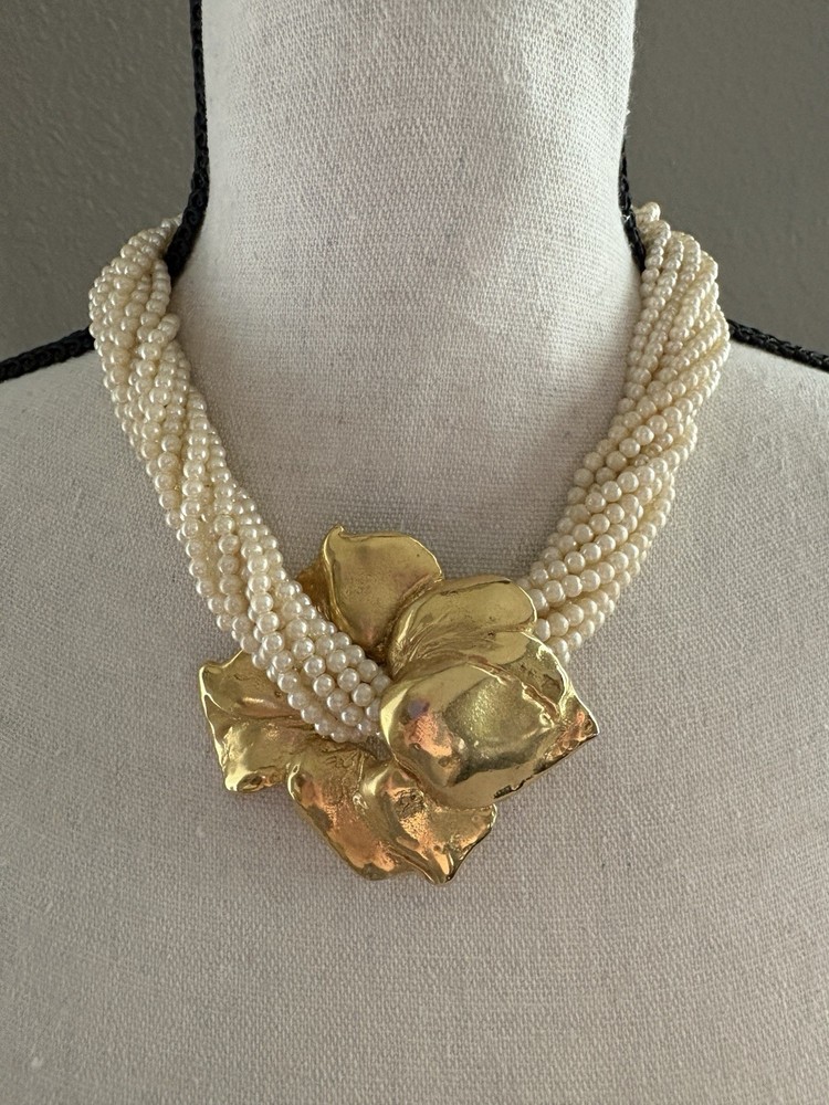 Vintage Richelieu Faux Pearl Multi Strand Gold Tone Statement Necklace