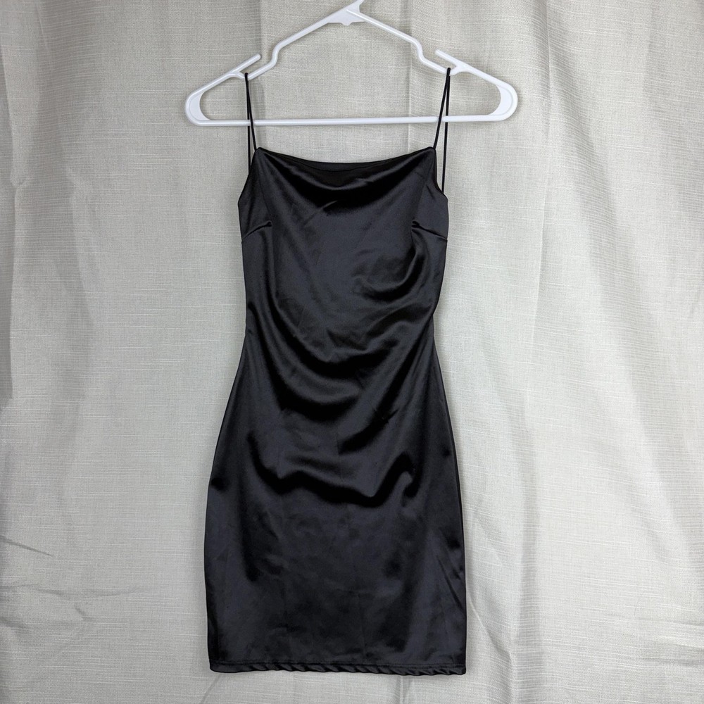 y2k Windsor Dress Women Small Black Satin Cowl Neck Spaghetti Strap Bodycon Mini