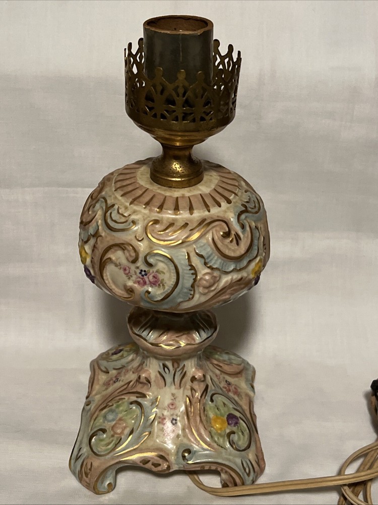 Majolica Hand Painted Porcelain Brass Table Lamp No Shade