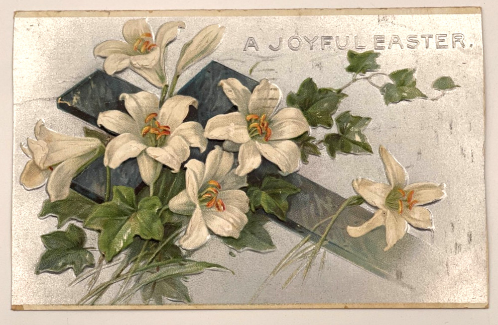 Embossed 1910s Easter Postcard Silver Background, White Lilies 