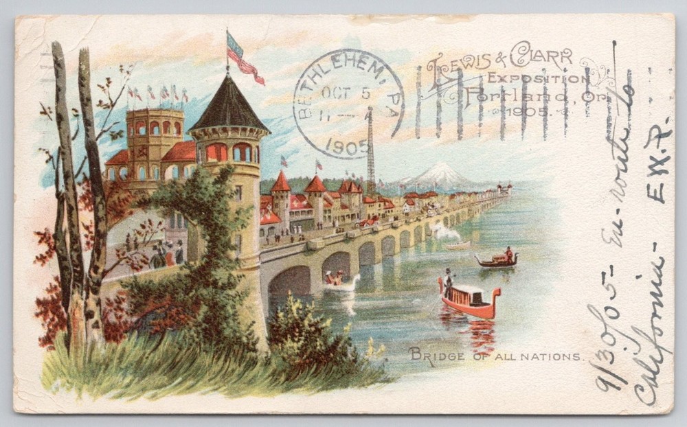 1905 Lewis & Clark Expo Portland OR Bridge of All Nations Postcard
