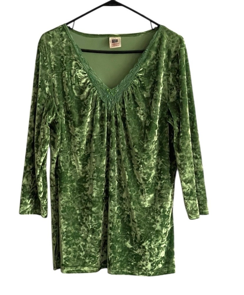 VTG Faded Glory Womens Crushed Velvet Top XL Lime  Fairy Grunge Y2K Sequin Lace