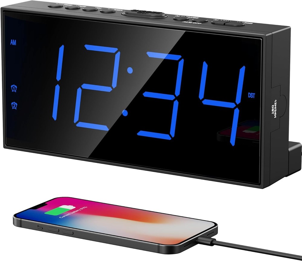 Digital Dual Alarm Clock Large Display Bedside Clock USB Phone Charger Loud LED