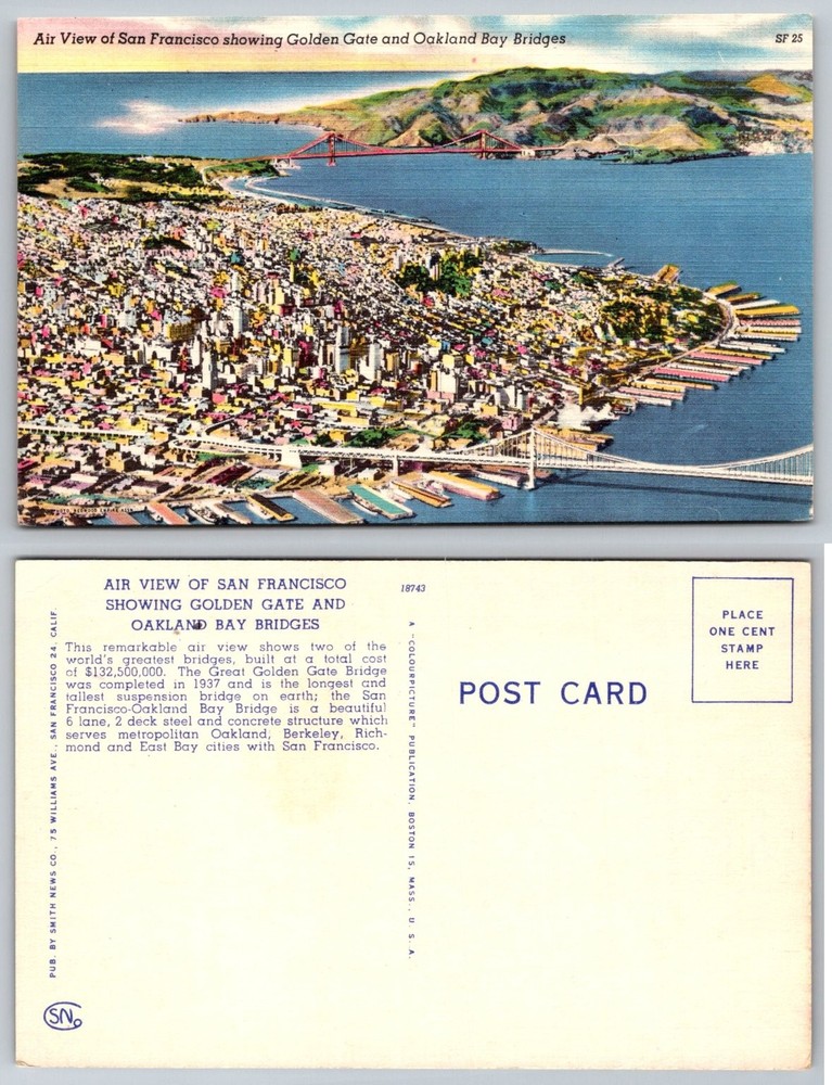 Vintage San Francisco Aerial View Postcard Golden Gate & Bay Bridges