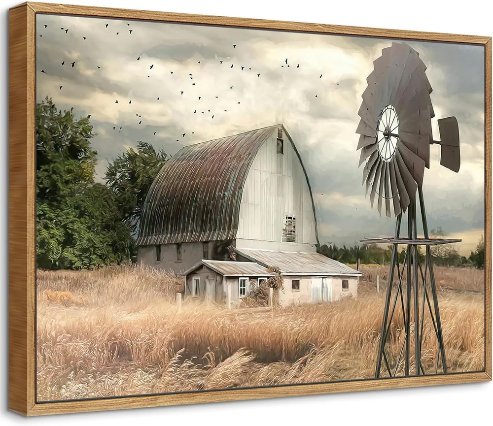 Framed Farmhouse Canvas Wall Art Old Barn and Windmill Print Wall Decor Vintage