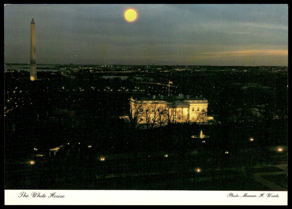 The White House Washington DC Night View Moon Washington Monument Postcard