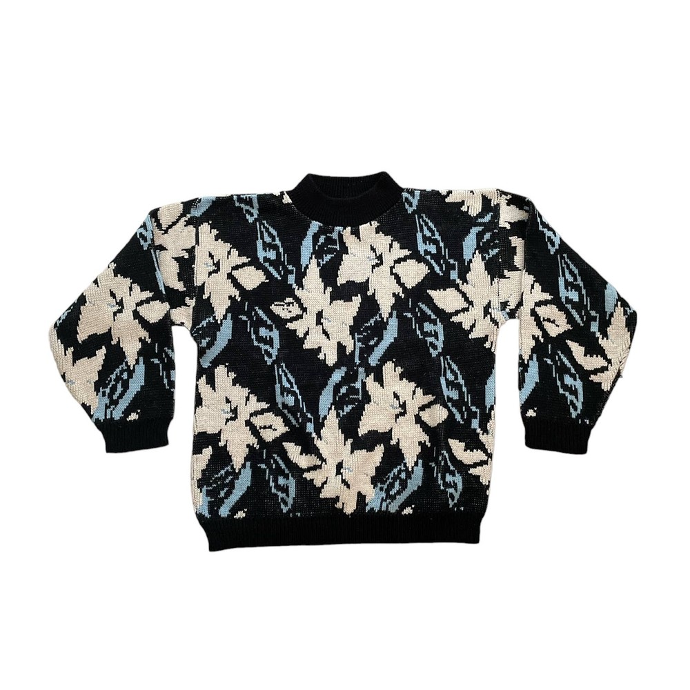1990s VTG Black Blue Chunky Knit Mock Neck Floral Geometric Chunky Knit Sweater