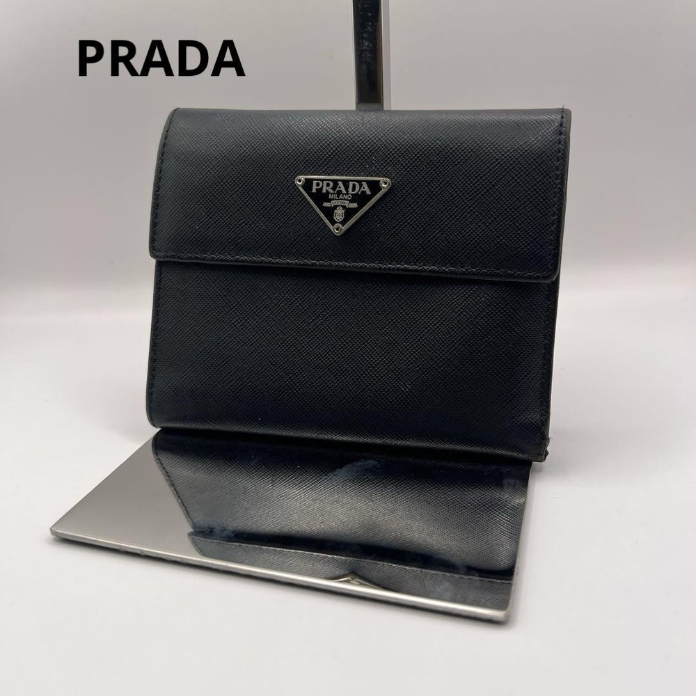 PRADA Saffiano Leather Tri-Fold Wallet Black Triangle Logo Excellent Condition