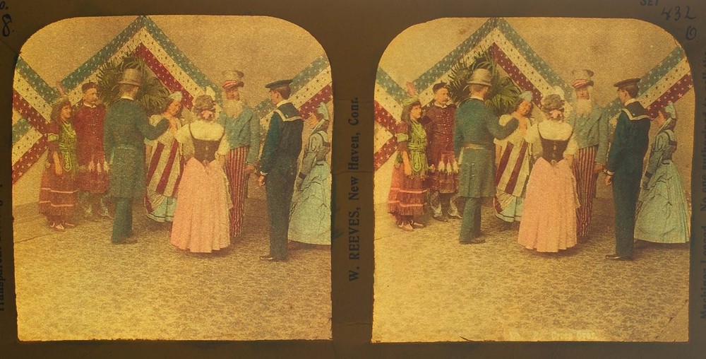G2657~ TISSUE Stereoview – Uncle Sam & Fair Maidens  c1880s